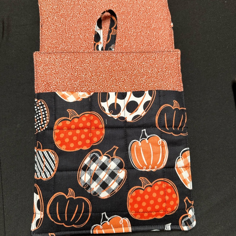 Orange and Black Pumpkin Themed Pot Holder W/Pouch Set of 2